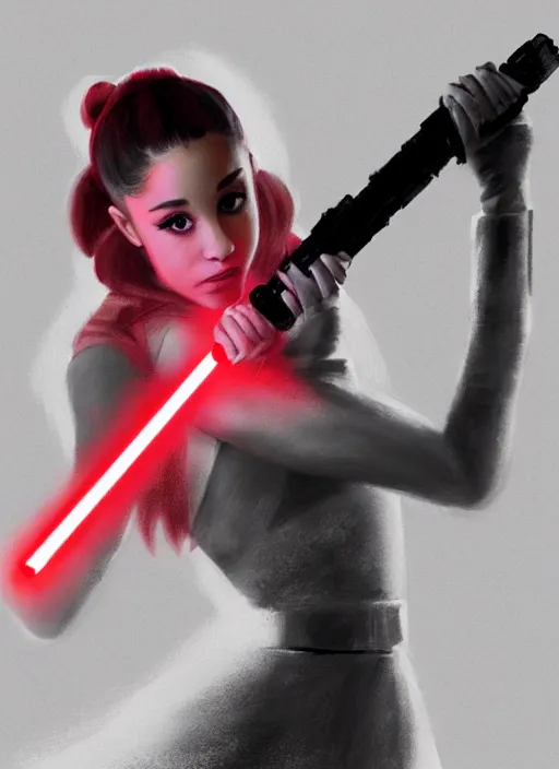 Image similar to Photo of Ariana Grande with a red lightsaber, Star Wars concept art, trending on artstation, dramatic lighting, photo-realistic