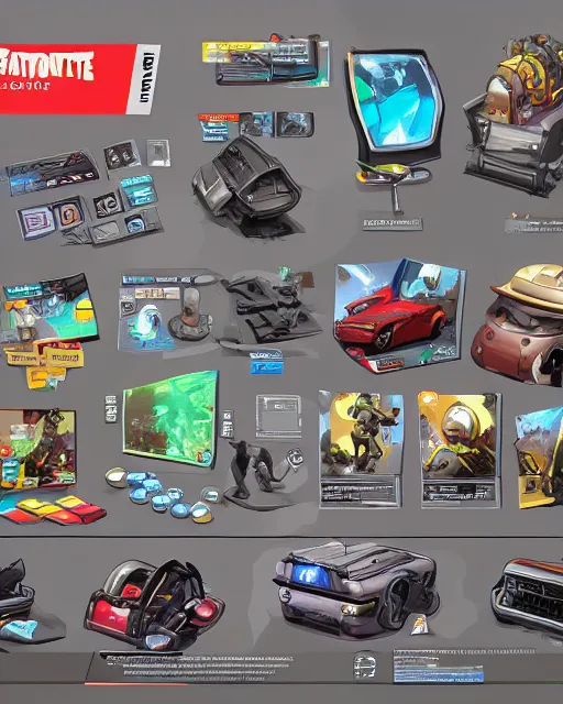 Prompt: car engine car parts concept art, cards, comic page, realistic fortnite, ui cards