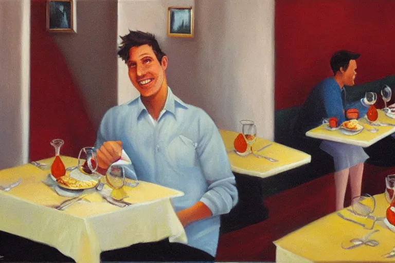 Image similar to busser in a restaurant declares his undying love to an empty plate, art by dean macadam