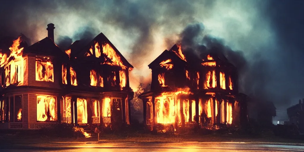 Prompt: victorian house on fire, cinematic, atmospheric, realistic