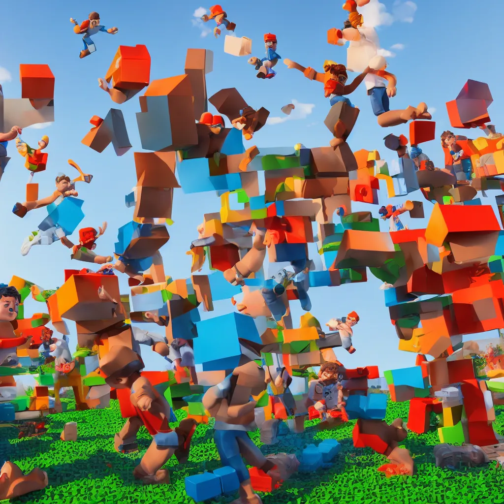 Image similar to highly detailed 3d render of playful kids interacting with roblox figures outside in the sun, box shapes floating all over, bright colors, octane render, insane quality, 8k, 4k, trending, artstation