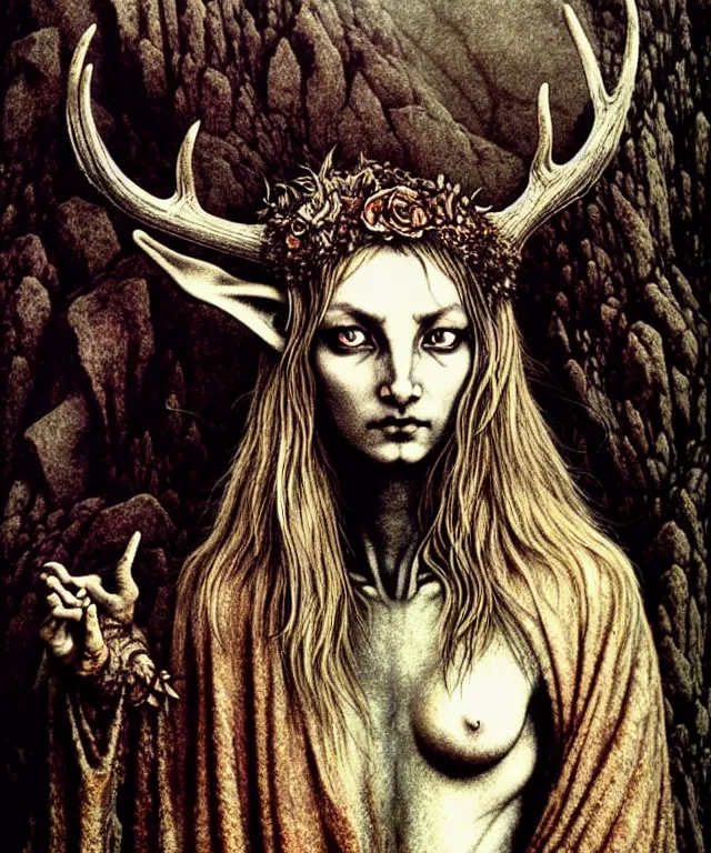 Prompt: A detailed horned deerwoman stands among the mountains with a ring in hand. Wearing a ripped mantle, robe. Extremely high details, realistic, fantasy art, solo, masterpiece, art by Zdzisław Beksiński, Arthur Rackham, Dariusz Zawadzki