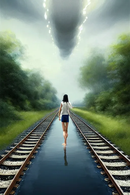 Image similar to reflective water submerges invisible underwater train tracks as a barefoot girl carries her shoes, there is a train station in the distance and large white clouds on a wide horizon, intricate, elegant, highly detailed, digital photo, artstation, concept art, smooth, sharp focus, low angle photo, art by artgerm and greg rutkowski and fra angelico