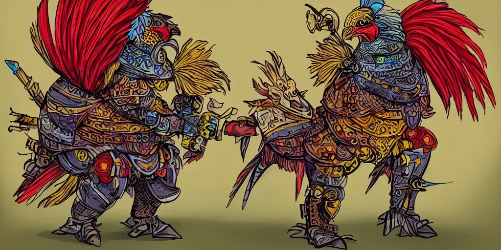 Prompt: colorful illustration of an armoured warrior rooster, mix of styles, angry, aggressive, blood, battle