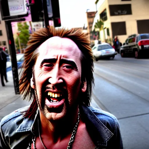 Image similar to uhd candid photo of dirty, homeless nicholas cage ranting maniacally in the street. skid row. correct face, accurate face, exaggerated features, intricate details, hyperdetailed, accurate face, studio lighting, photorealistic. photo by annie leibowitz