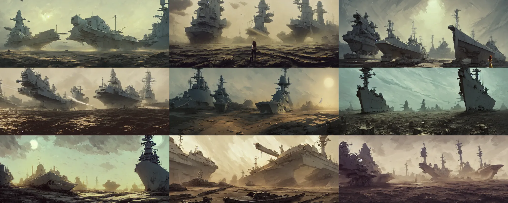 Prompt: hyper - realistic portrait of battleship graveyard, in style of atey ghailan, by greg rutkowski, by greg tocchini, by james gilleard, by joe fenton, by kaethe butcher, dynamic lighting, gradient light yellow, brown, blonde cream and white color scheme, grunge aesthetic