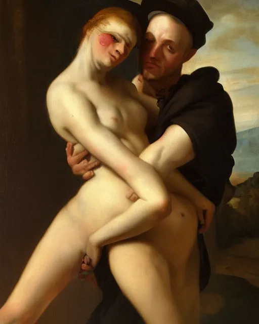 Image similar to a painting of a man holding a woman in his arms by heinrich lossow, trending on deviantart, transgressive art, flemish baroque, furaffinity, renaissance painting