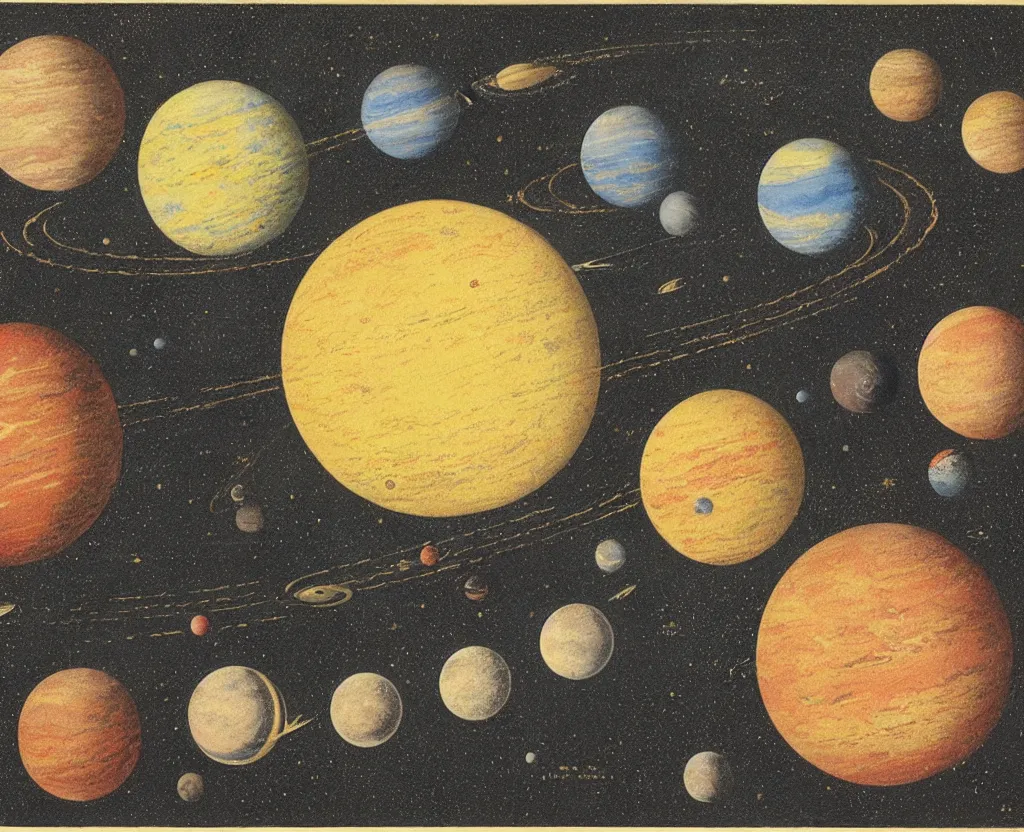 Prompt: color lithograph the solar system by adolphe millot, highly detailed