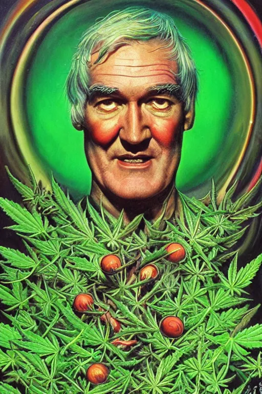 Prompt: hyper realistic portrait painting of timothy leary ( intricate detail, hot neon green ornaments, marijuana ) wet, marijuana buds, by saturno butto, boris vallejo, austin osman spare and david kassan, by bussiere. occult art, occult diagram, red and green color scheme.