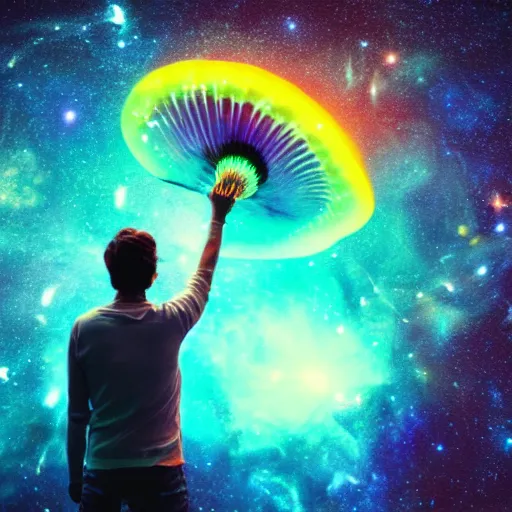 Image similar to over the shoulder photo of a man watching a magic cosmic glowing jellyfish in glowing cosmic stardust, colorful stars, galaxies, space, award winning photo, intricate, high detail, atmospheric, desolate