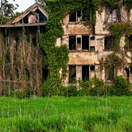 Prompt: large dilapidated mansion, overgrown grass, hanging vines, broken down rustic