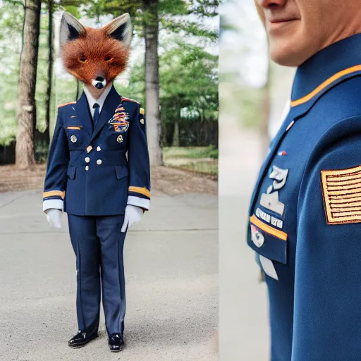 Image similar to a Fox dressed in a modern American military jet pilot uniform, 85mm f/1.4