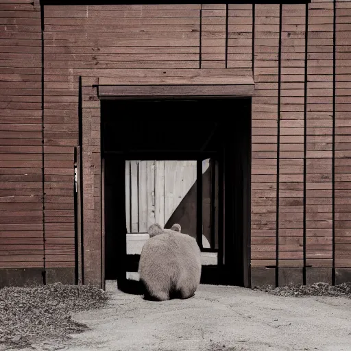 Image similar to dark photograph of a small bear mascot walking through a large wooden doorway