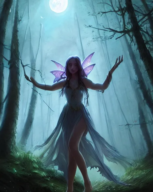 Image similar to attractive fairy goddness fly high in the night, d & d, fantasy, mist, full moon in background, trees, hyper detailed, art by artgerm and greg rutkowski and magali villeneuve, midium shot, 8 k realistic, cryengine, digital painting, trending on artstation, concept art, sharp focus, illustration,