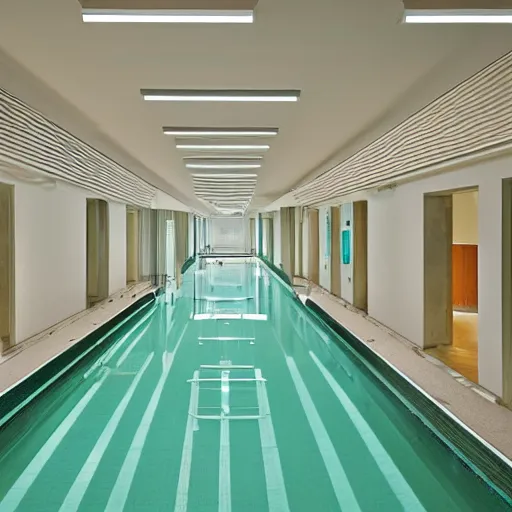 Prompt: the Poolrooms, an expansive complex of interconnected rooms and corridors slightly submerged in undulating, lukewarm water. Each area of the level varies greatly in size and structure, ranging from uniform pools and hallways to more open, abnormally-shaped areas. The walls, ceilings, and floors of the level all appear to be constructed from the same white ceramic tile, with the only deviation from this color being the blue-green hue of the water.