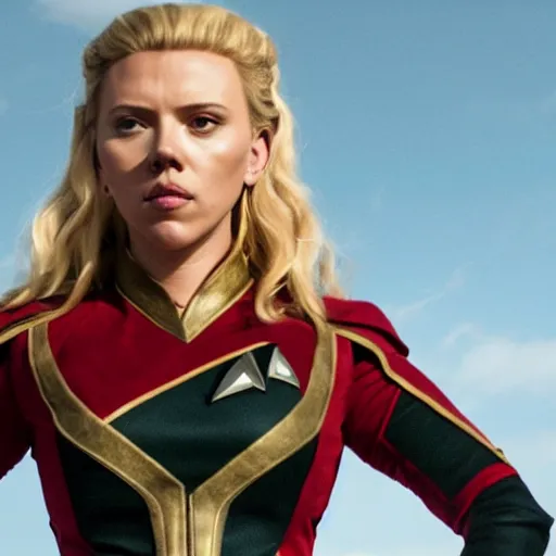 Image similar to starfleet uniform, portrait of scarlett johansson as lagertha, in starfleet uniform, from the tv series vikings