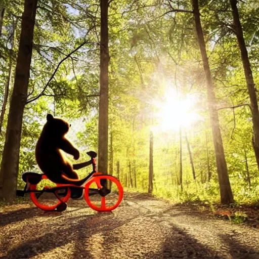 Image similar to A bear on a tricycle, riding on a nature trail in the forest, sunlight through the trees.