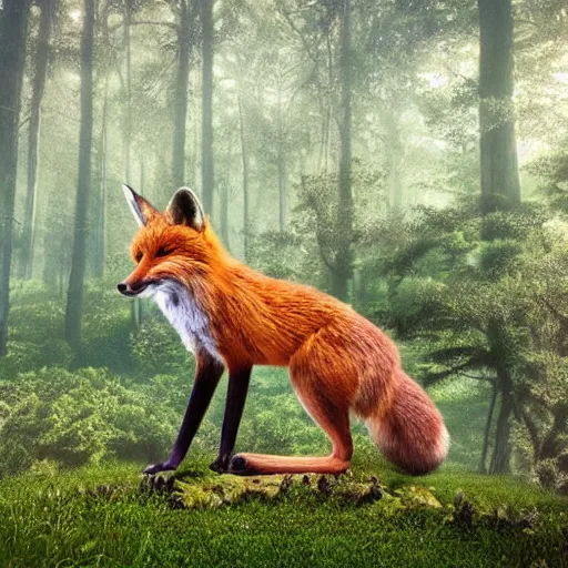 Image similar to an enchanting forest, foxes stand on their hind legs, look at the sky and wave goodbye with their forelegs. there is a purple unidentified flying object in the sky. fantasy. realistic photo. very clear shots.