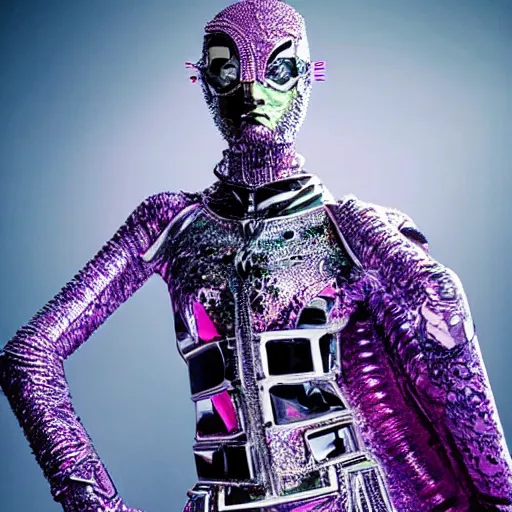 Prompt: vogue magazine photo, inside a futuristic detailed alien jungle made out of shiny reflective chrome, futuristic android with limbs made out of stretchy rubber tubing mixed with shiny colorful giant intricate detailed chrome gauntlets and chest piece and luchador mask, wearing a long purple velvet cape, fog and mist