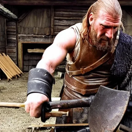 Image similar to triple h as blacksmith, medieval scene, creating his hammer!!!