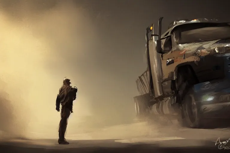 Image similar to epic concept art of a man standing with an oncoming truck. backlighting. strong contrast. by ashley wood and j. m. w. turner, speed painting, photo bash, cinematic angle, super detailing, strong perspective