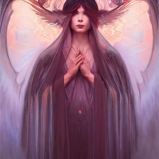 Image similar to A portrait of A beautiful!!!! angel in black flames by Ross Tran!! and alphonse mucha and greg rutkowski! and Zdzisław Beksiński!!,In style of digital art.Symmetrical face.dark Fantasy,smooth,hyper detailed,sharp focus,Soft light.4k