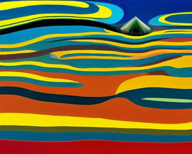 Image similar to A wild, insane, modernist landscape painting. Wild energy patterns rippling in all directions. Curves, organic, zig-zags. Saturated color. Mountains. Clouds. Rushing water. Hallucinatory sci-fi dreamworld. Wayne Thiebaud. Lisa Yuskavage landscape.