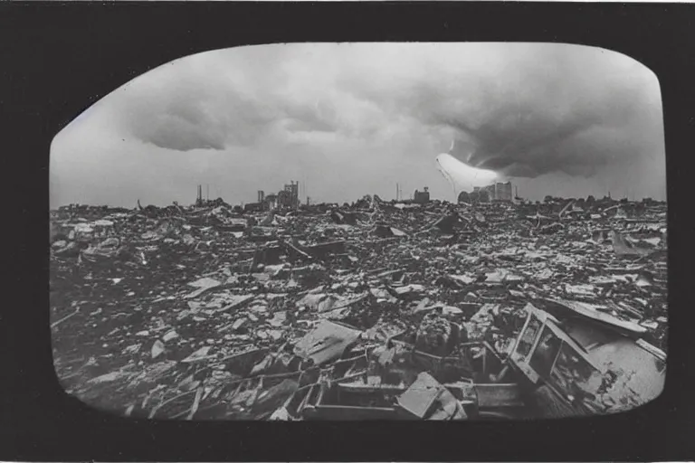 Image similar to dark old polaroid of an ufo flying above an destroyed city during a thunderstorm, pictorialism, fallout, desolate, wide angle, award winning