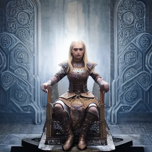 Prompt: the elder scrolls vi, charismatic regal blonde high elf female jarl, portrait, exquisitely designed throne room, atmospheric lighting, painted, intricate, volumetric lighting, beautiful, daytime, sunny weather, sharp focus, deep colours, ultra detailed, by leesha hannigan, ross tran, thierry doizon, kai carpenter, ignacio fernandez rios