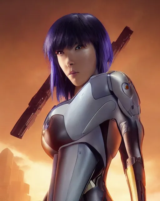 Image similar to weta disney pixar movie still portrait photo of motoko kusanagi ghost in the shell : : as cyborg woman by pixar : : by weta, wlop, ilya kuvshinov, rossdraws, artgerm, marvel, maxim cover, latex, octane render, sweaty, iridescent, bright morning, anime, liosh, mucha : :