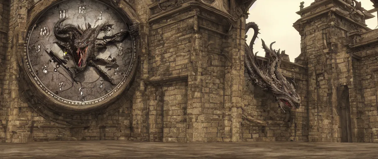 Prompt: cenobite dragon roosting in a clock tower | finalRender, Unreal Engine: .5