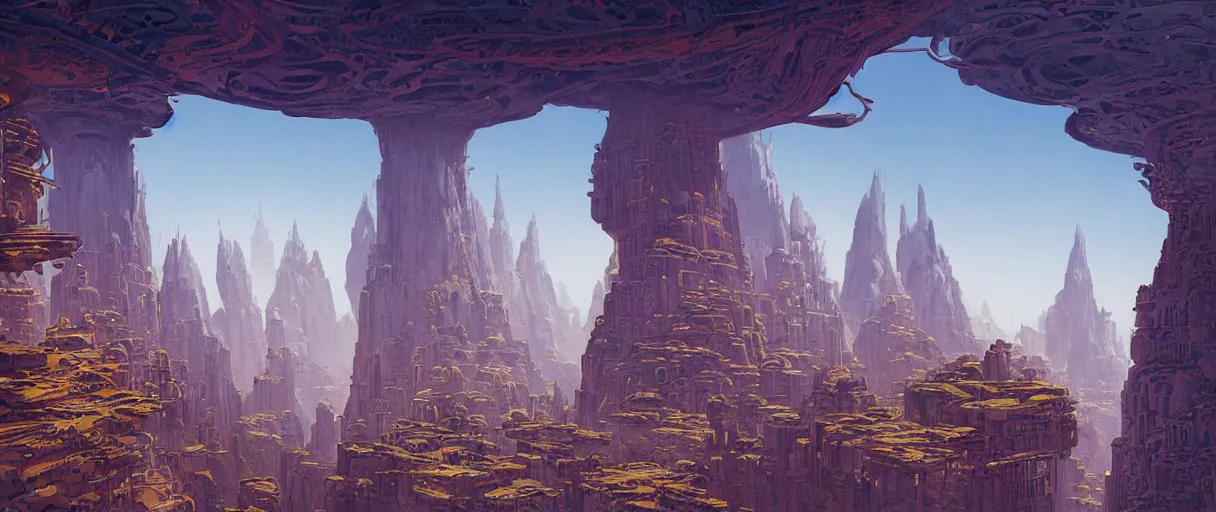 Prompt: A beautiful illustration of a domed retro futuristic city of towers and walkways built across a massive bottomless canyon on a surreal alien world by Robert McCall | sparth:.2 | Time white:.2 | Rodney Matthews:.2 | Graphic Novel, Visual Novel, Colored Pencil, Comic Book:.3 | unreal engine:.3 | first person perspective | establishing shot:.7