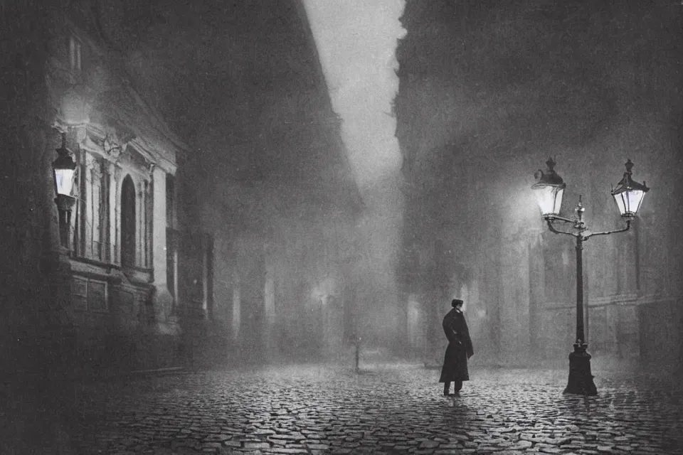 Image similar to wet plate photograph, august strindberg waking alone at night along cobblestone street in vienna, night time, alone, lamplight, victorian era, depth of field, very detailed, fog, highly accurate, intricate