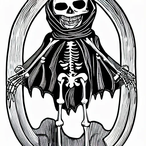 Prompt: a skeleton wearing a cloak holding a heart in the style of billelis