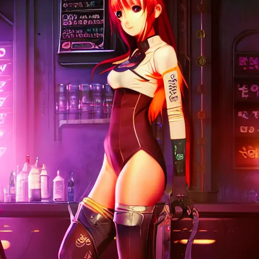 Prompt: Cute Anime Girl in a cyberpunk city bar, fully clothed, beautiful face, fantasy, medieval, vivid colors, elegant, concept art, sharp focus, digital art, Hyper-realistic, 4K, Unreal Engine, Highly Detailed, HD, Dramatic Lighting by Brom, trending on Artstation