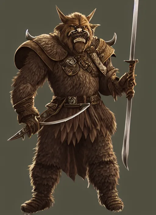 Image similar to strong young man, bugbear ranger, black beard, dungeons and dragons, pathfinder, roleplaying game art, hunters gear, flaming sword, jeweled ornate leather armour, concept art, character design on white background, by studio ghibli, makoto shinkai, kim jung giu, poster art, game art, rendered