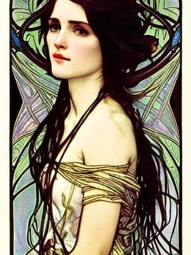 Image similar to a beautiful painting of young winona ryder by Alphonse Mucha and by Mark Brooks and by john william waterhouse and by arthur rackham, Art Nouveau, Neo-Gothic, gothic, award winning painting, hyperdetailed, detailed