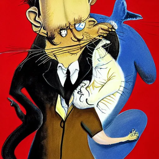 Prompt: a detailed painting of a man with a cat on his back by gerald scarfe and ralph steadman and pixar