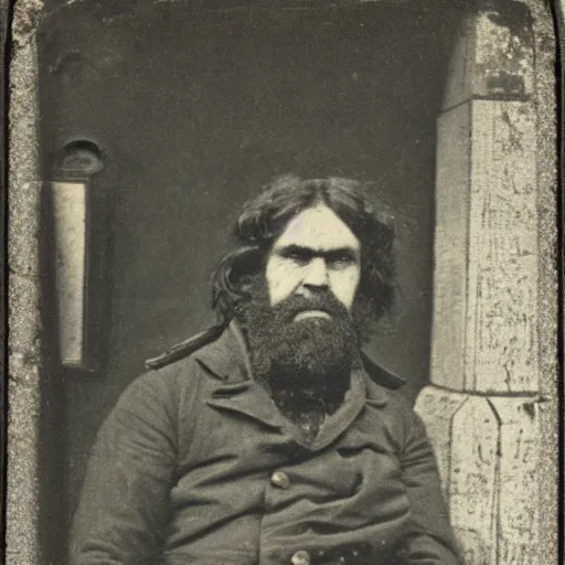 Image similar to Daguerreotype of a caveman at a train station (1867),