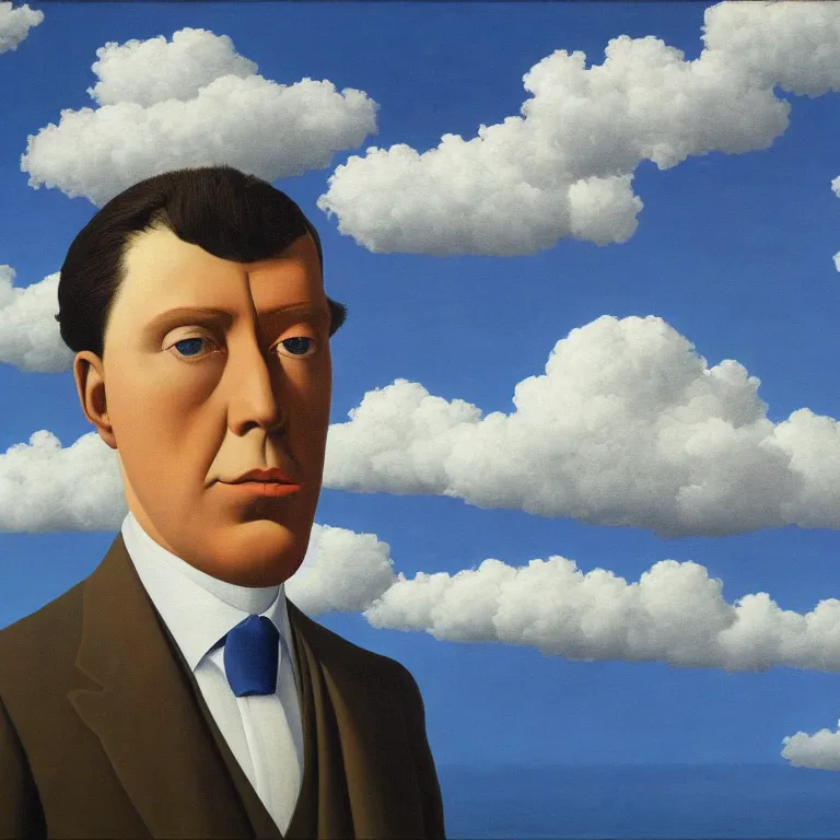 Image similar to portrait of a faceless shadow - head man in a suit, clouds in the background, by rene magritte, detailed painting, distance, centered, hd, hq, high resolution, high detail, 4 k, 8 k