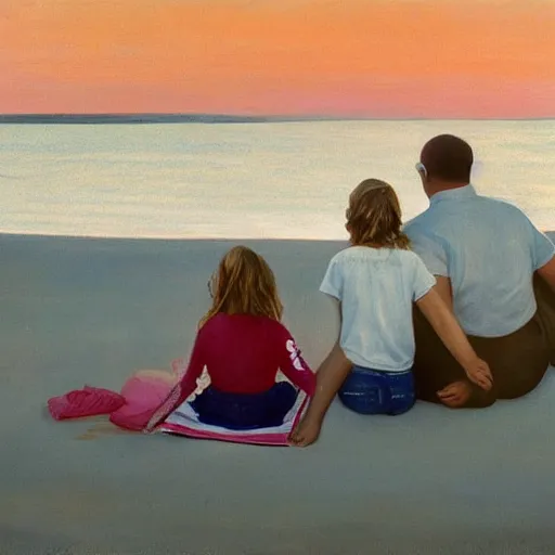 Image similar to a nine year old blonde girl and her two parents sit on a blanket at the beach and watch through sun go down in the style of Edward hopper