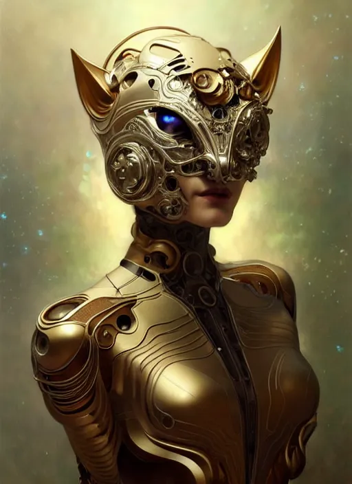 Image similar to organic cyborg, cat mask opening, diffuse lighting, fantasy, intricate, elegant, highly detailed, lifelike, photorealistic, digital painting, artstation, illustration, concept art, smooth, sharp focus, art by John Collier and Albert Aublet and Krenz Cushart and Artem Demura and Alphonse Mucha