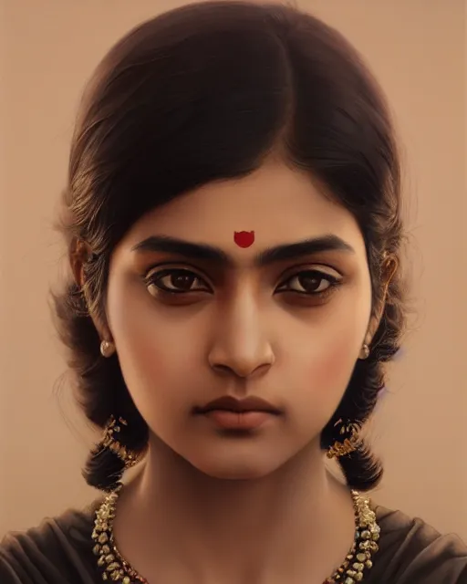 Image similar to a highly realistic, true to life portrait of a young indian woman, sharp focus, by ilya kuvshinov, by wlop, by tom bagshaw, trending on artstation, cinematic lighting, hyper realism, octane render, 8 k, hyper detailed.