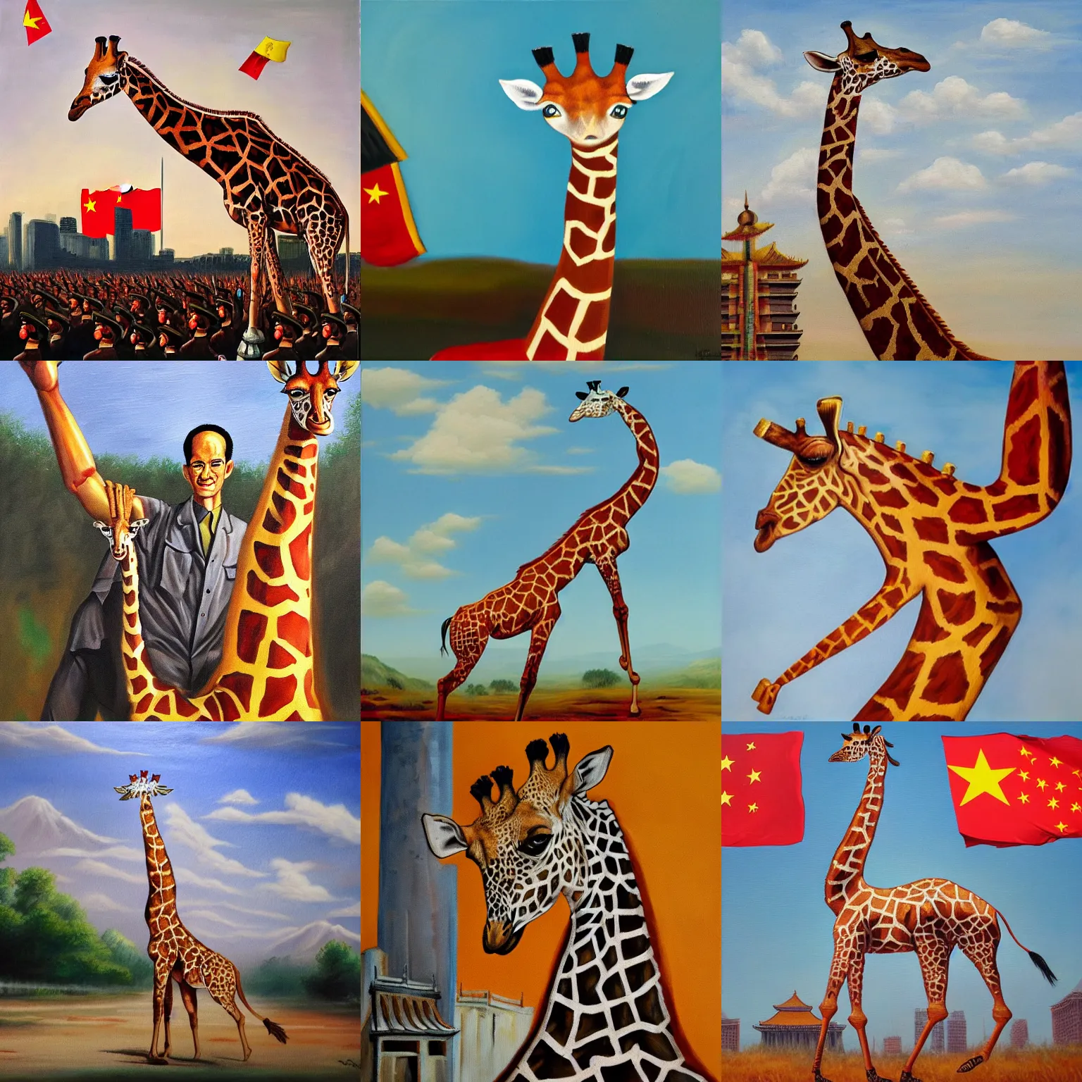 Prompt: oil painting of a humanoid giraffe overthrows the chinese communist party
