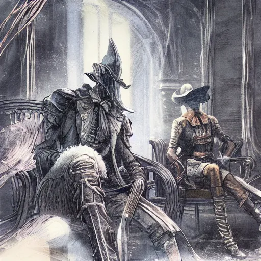 Prompt: hunter from bloodborne sitting next to each other in a room, retrofuturism, sitting next to each other in a room, concept art by yoshiyuki tomino, by yoshiyuki tomino, cg society contest winner, behance contest winner, toonami, redshift, official art, ps 1 graphics