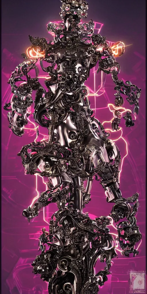 Image similar to baroque and cyberpunk style full-body sculpture of a young seductive Hispanic prince half android with a chest exposing a glowing ruby battery, glowing pink seductive laser eyes, crown of blue gears and diamonds, swirling salmon-colored silk fabric, robotic raptors dinosaurs. baroque elements. full-length view. intricate artwork by caravaggio. art by Artgerm and Greg Rutkowski and Alphonse Mucha, Trending on artstation, cinematic industrial lighting, photorealistic, octane render, 8k, depth of field, 3D
