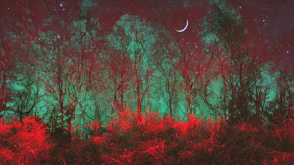 Image similar to (((psychedelic))) 8k ultra realistic night time photography of a mystical cosmic night sky with red smoke and a perfect huge full moon, A glimpse through a small gap in the dark green foliage and overgrowth and the trees of the huge gibbous full moon over water in a dark sky. wreathed in red smoke!!!, starlight, night-time, dark enclosed, cozy, quiet forest night scene, spangled, cosmic