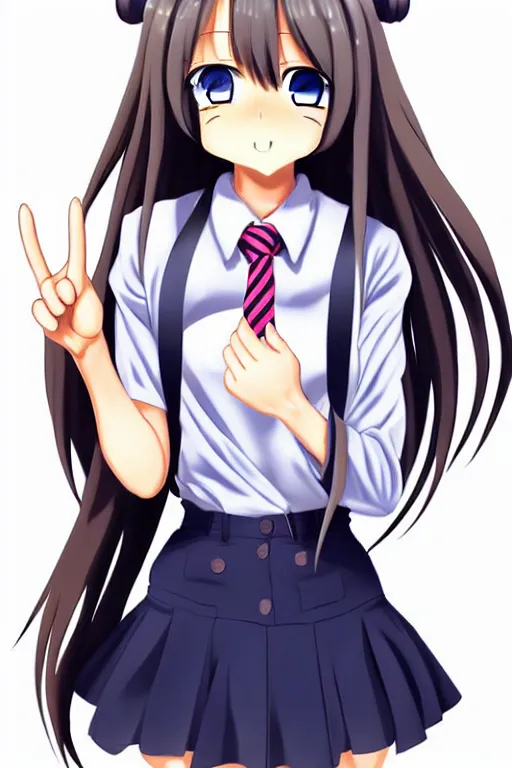 Prompt: full body anime portrait of a cute girl round eyes long hair dressed in a school uniform inside the school, peace sign, stunning, highly detailed, anatomically correct