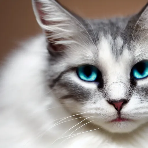 Prompt: Fluffy white and gray cat, yellow eyes, very cute, 4K