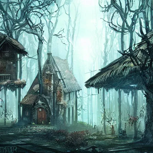 Image similar to A village in fairy tale forest in the style of cyberpunk in the style of dark fantasy art Trending on artstation DeviantArt Pinterest detailed realistic HD 8k High Resolution